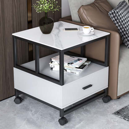 Minimalist Rock Slab Wood Metal Square Side Table 2-Tier