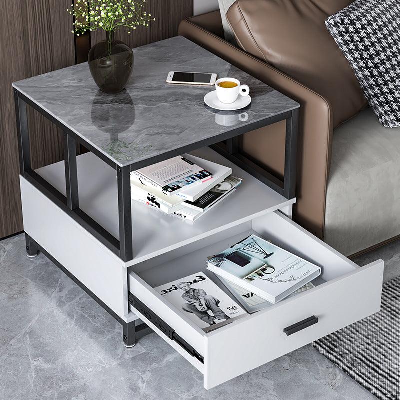 Minimalist Rock Slab Wood Metal Square Side Table 2-Tier — B / White