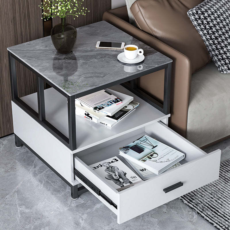 Minimalist Rock Slab Wood Metal Square Side Table 2-Tier — B / White