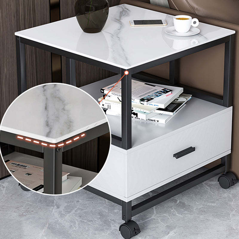 Minimalist Rock Slab Wood Metal Square Side Table 2-Tier — A / White