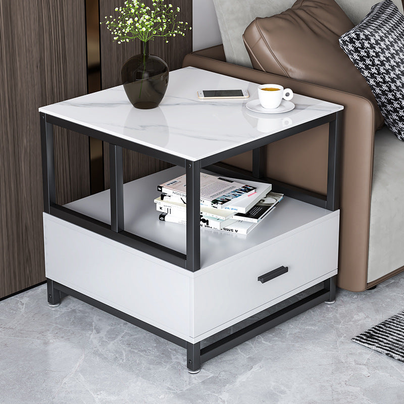 Minimalist Rock Slab Wood Metal Square Side Table 2-Tier