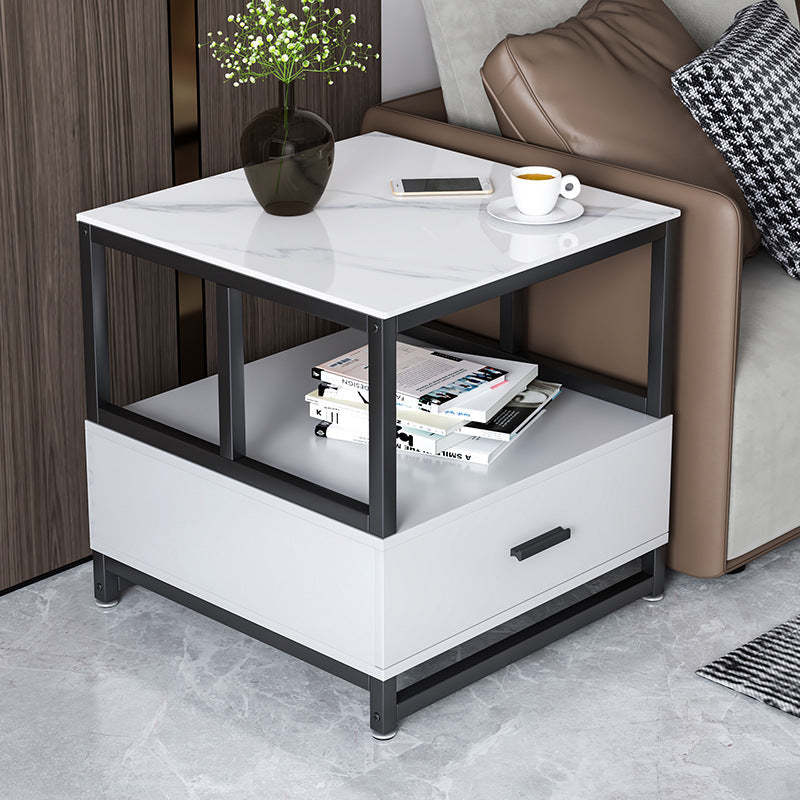 Minimalist Rock Slab Wood Metal Square Side Table 2-Tier — A / White