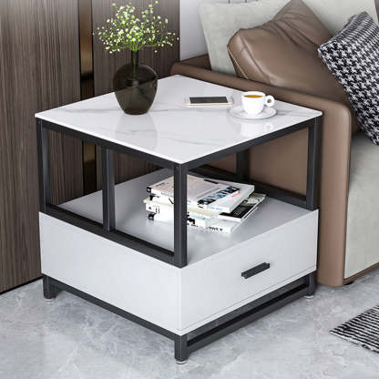 Minimalist Rock Slab Wood Metal Square Side Table 2-Tier