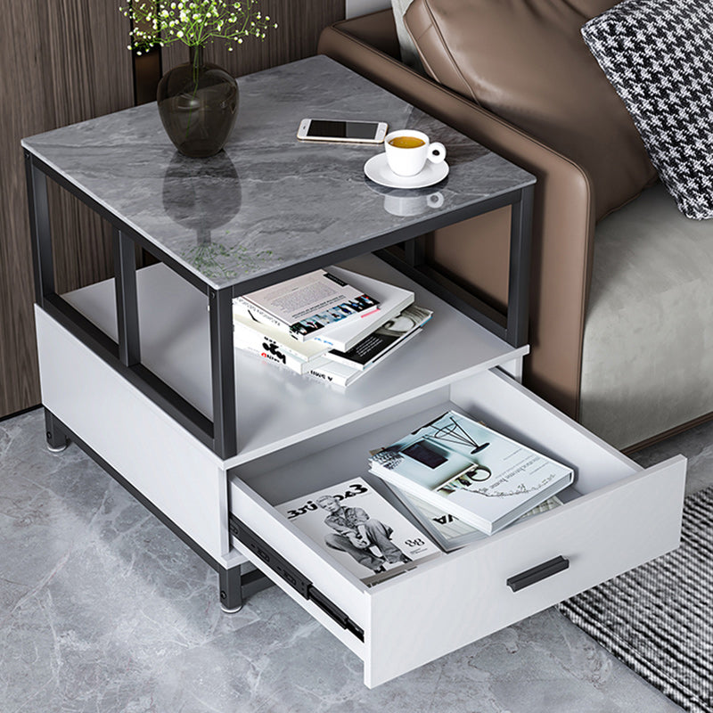 Minimalist Rock Slab Wood Metal Square Side Table 2-Tier — A / Grey