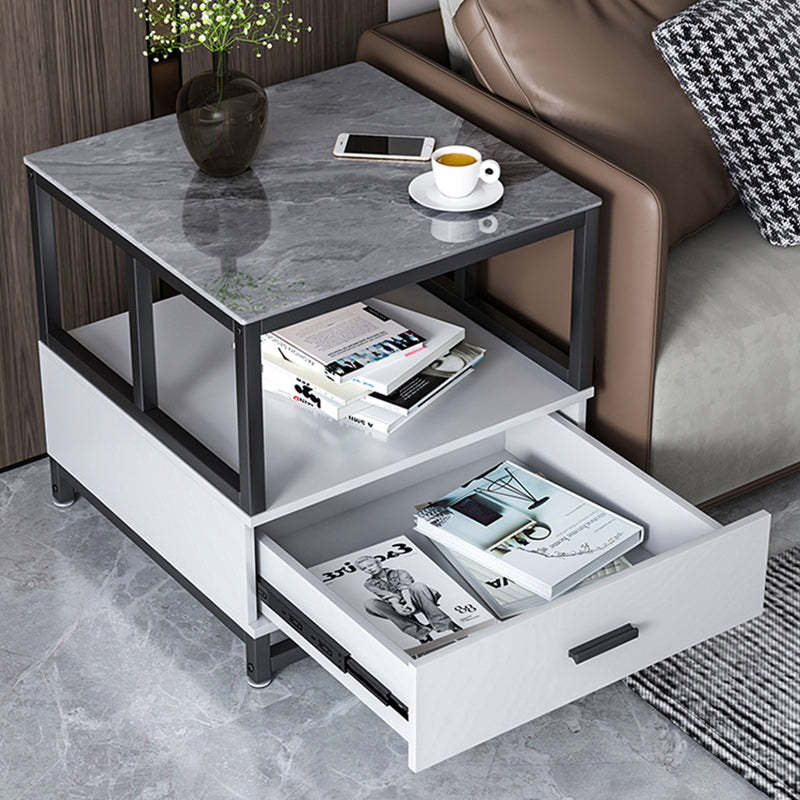 Minimalist Rock Slab Wood Metal Square Side Table 2-Tier — A / Grey