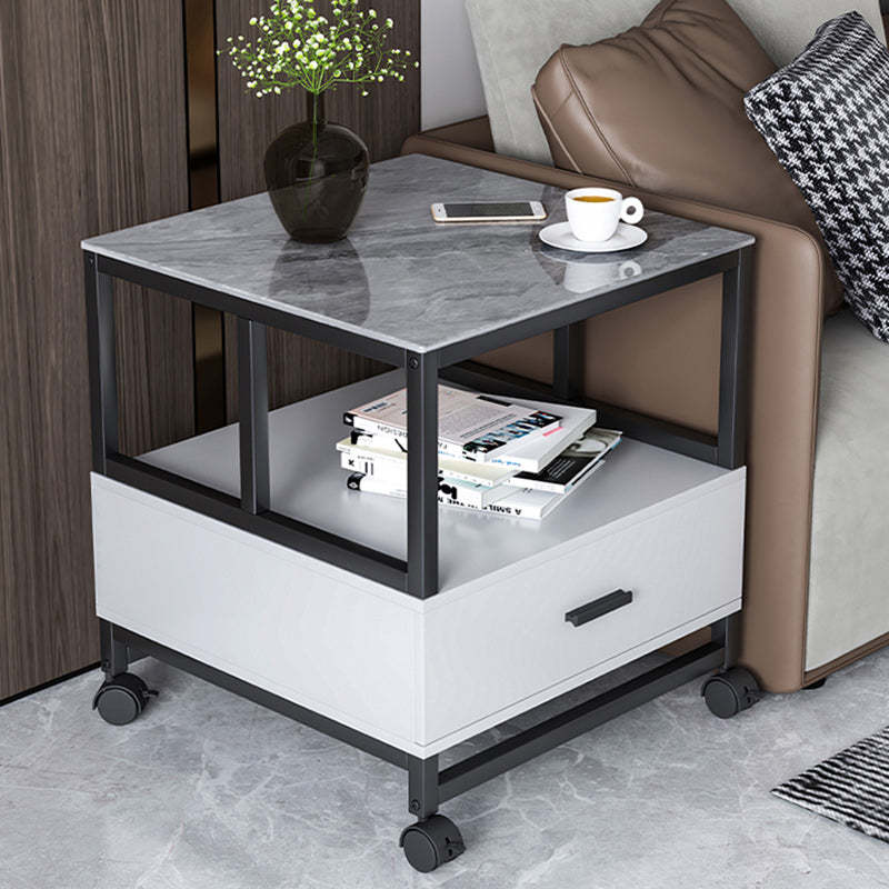 Minimalist Rock Slab Wood Metal Square Side Table 2-Tier