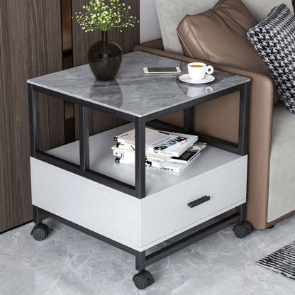 Minimalist Rock Slab Wood Metal Square Side Table 2-Tier