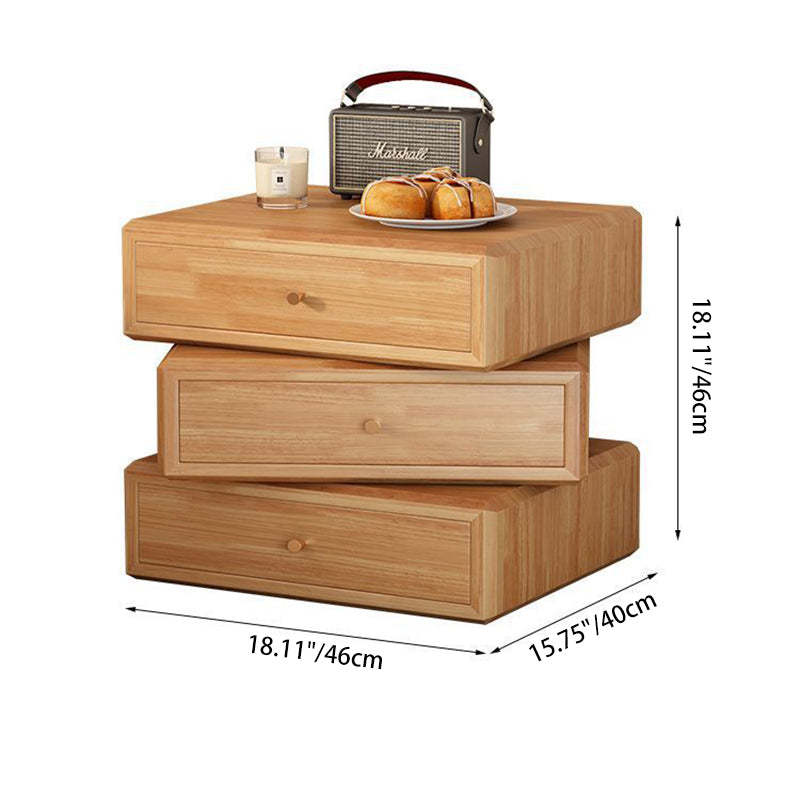 Retro Solid Wood Rotatable Nightstand 3-Drawer Storage — Cherry Wood Color