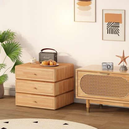 Retro Solid Wood Rotatable Nightstand 3-Drawer Storage
