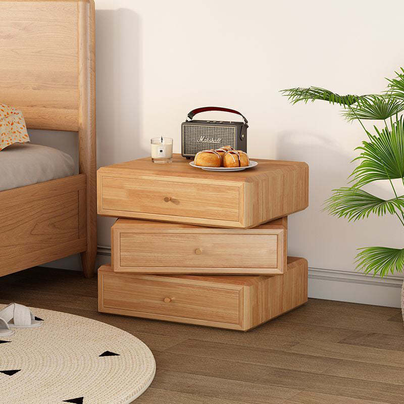 Retro Solid Wood Rotatable Nightstand 3-Drawer Storage — Original Wood Color