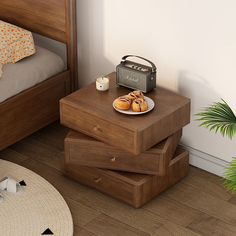 Retro Solid Wood Rotatable Nightstand 3-Drawer Storage — Walnut Wood Color