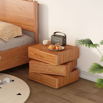 Retro Solid Wood Rotatable Nightstand 3-Drawer Storage