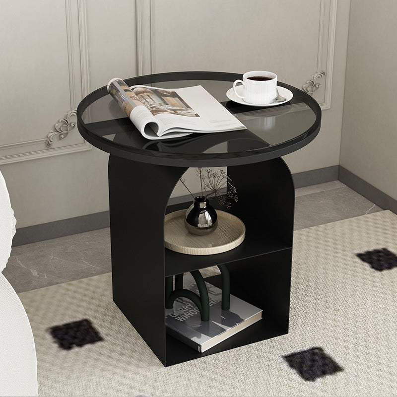 Nordic Glass Iron Round Pedestal End Table 2-Tier Storage