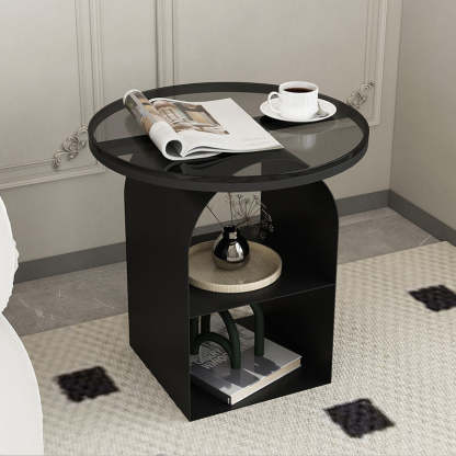 Nordic Glass Iron Round Pedestal End Table 2-Tier Storage