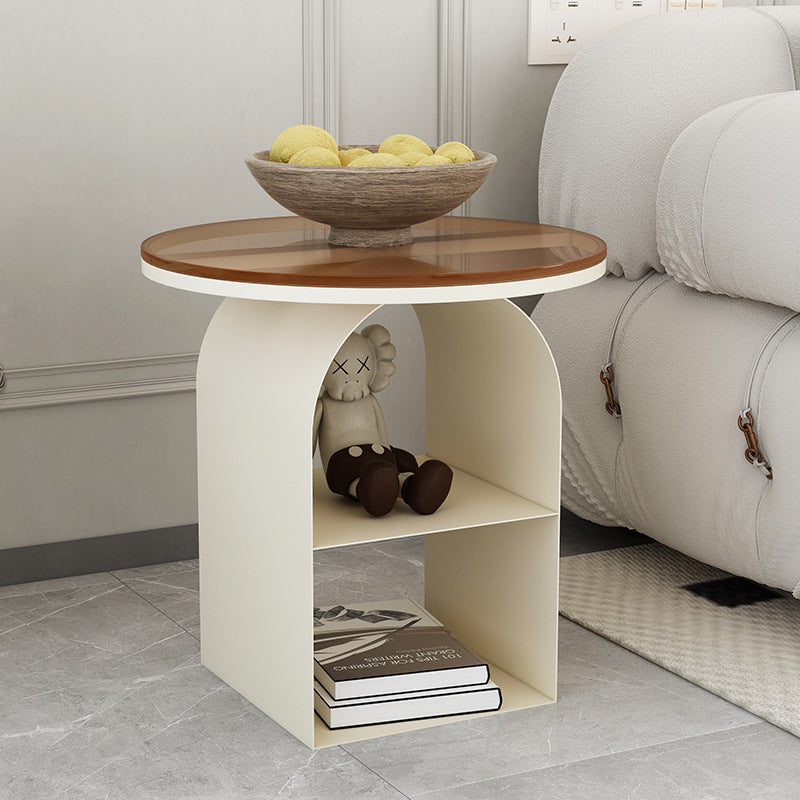 Nordic Glass Iron Round Pedestal End Table 2-Tier Storage