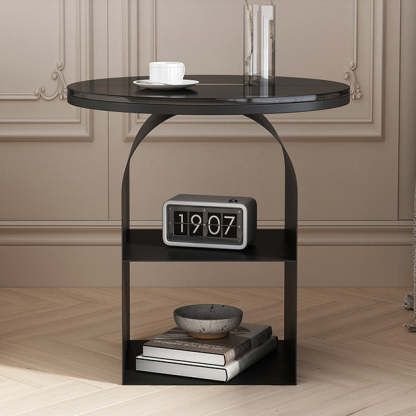 Nordic Glass Iron Round Pedestal End Table 2-Tier Storage