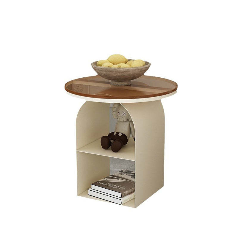Nordic Glass Iron Round Pedestal End Table 2-Tier Storage