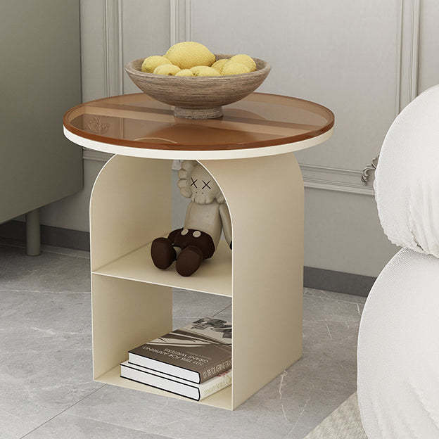 Nordic Glass Iron Round Pedestal End Table 2-Tier Storage — White