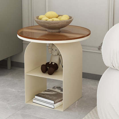 Nordic Glass Iron Round Pedestal End Table 2-Tier Storage — White