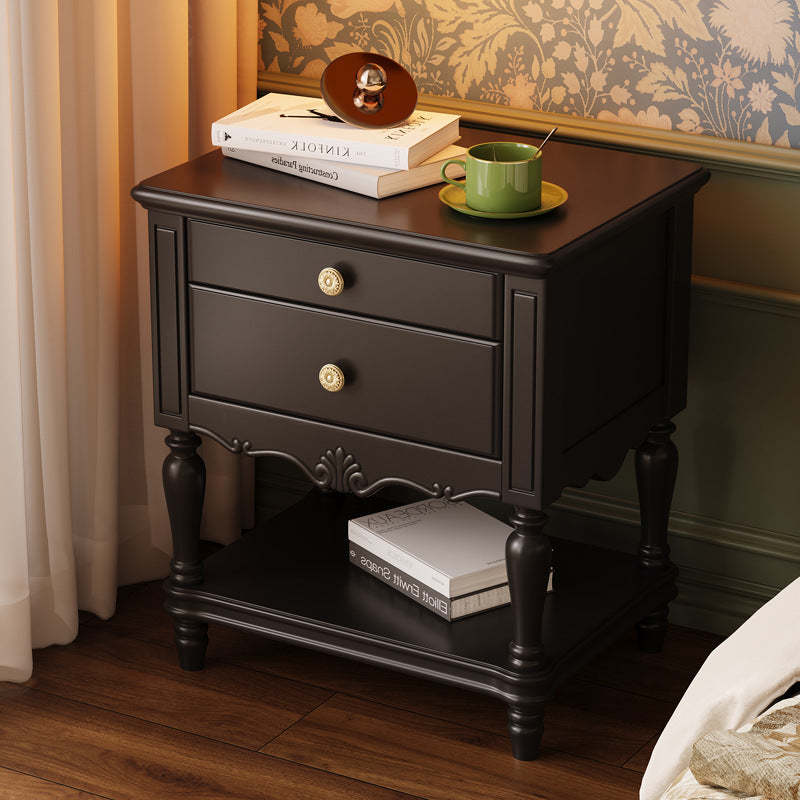 French Solid Wood 2-Drawer Nightstand — Black