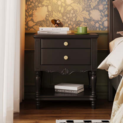 French Solid Wood 2-Drawer Nightstand — Walnut Wood Color