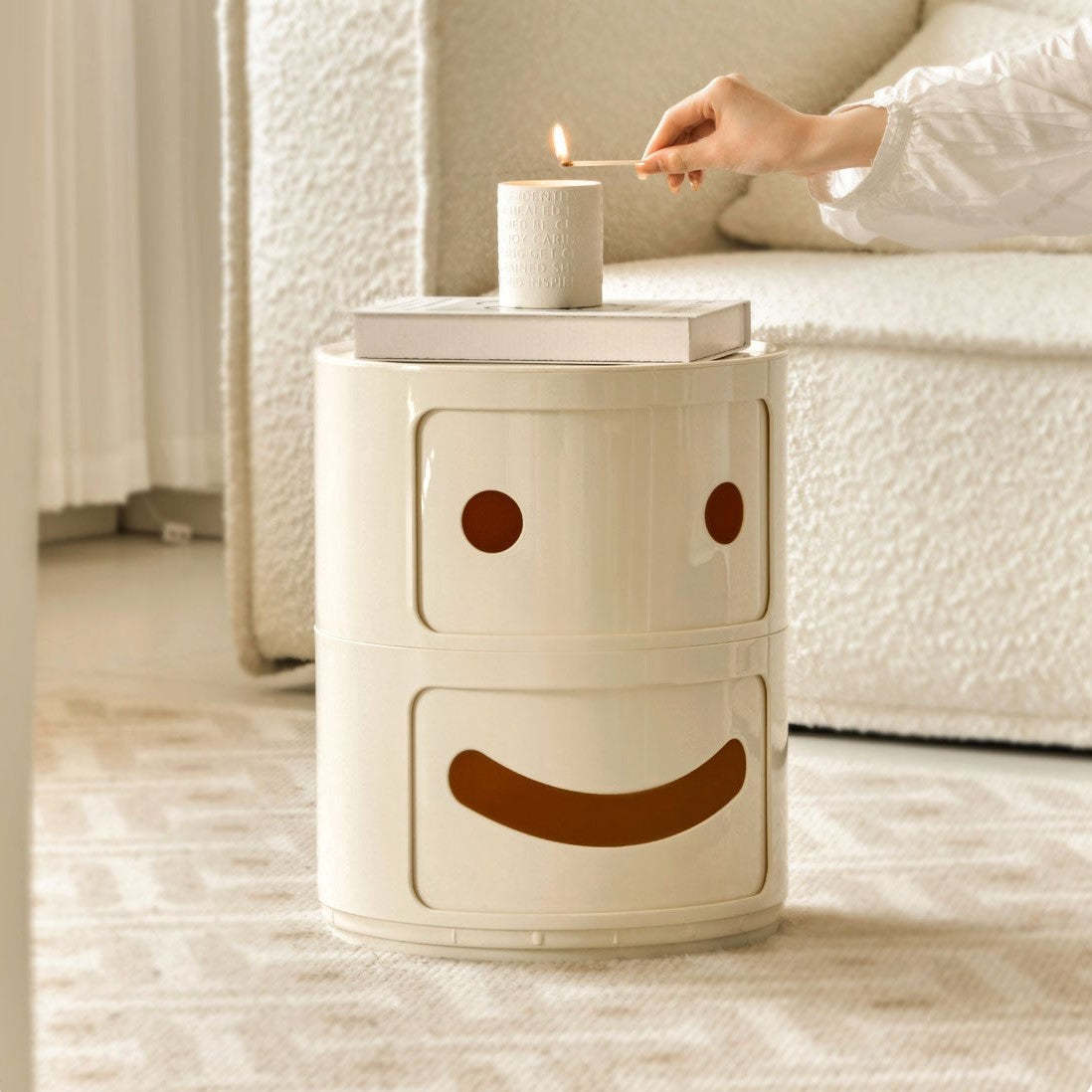 Scandinavian Smile Face Plastic Round Nightstand 2-Drawer — Yellow