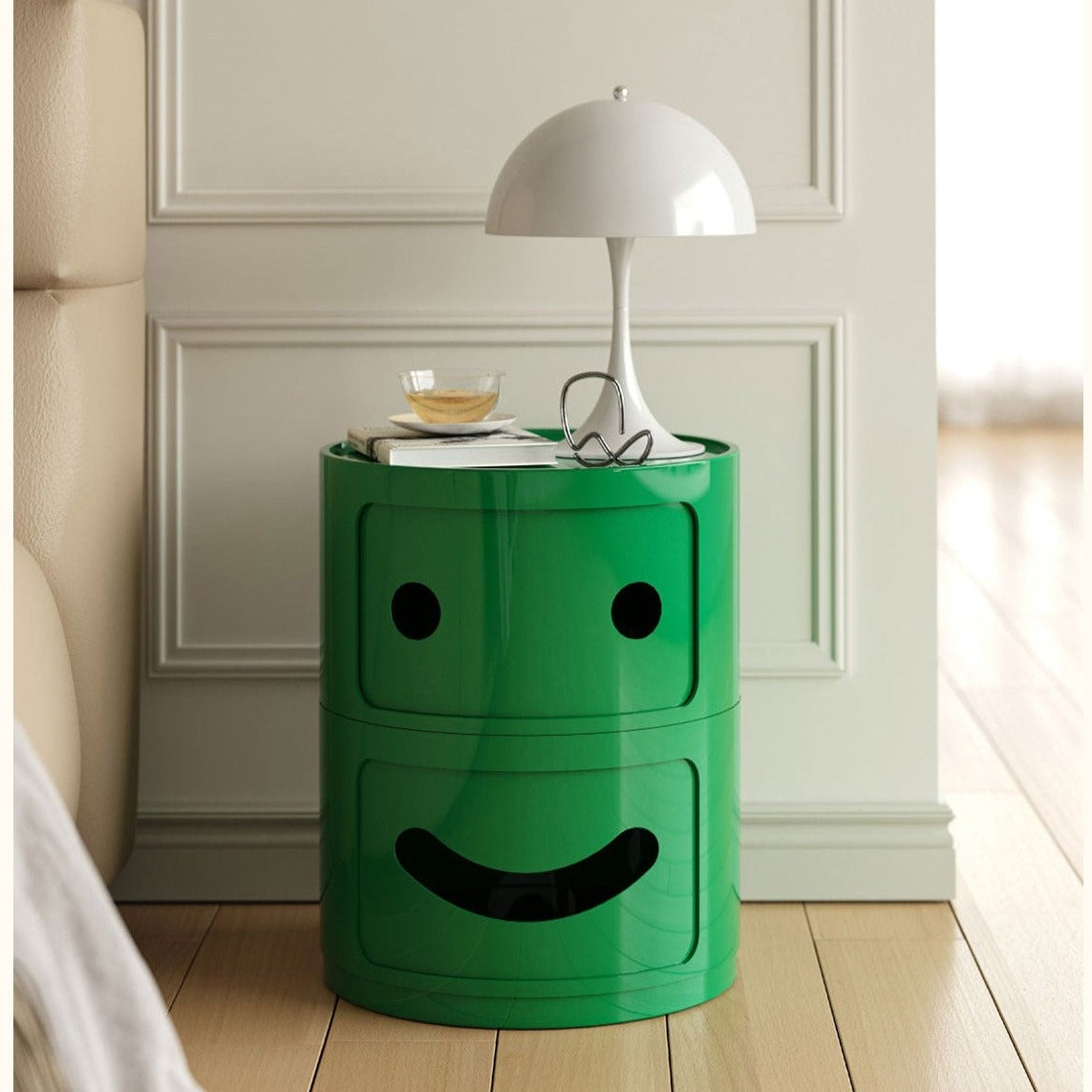 Scandinavian Smile Face Plastic Round Nightstand 2-Drawer — Orange