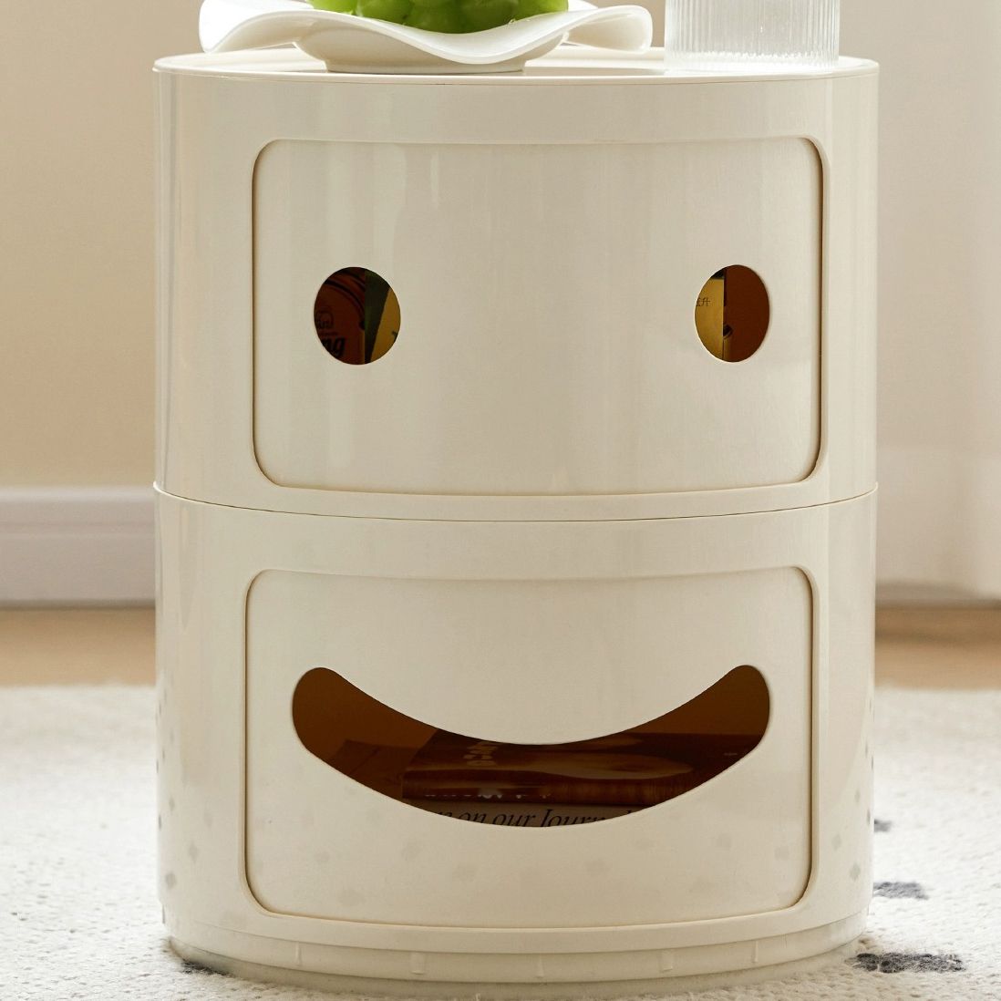Scandinavian Smile Face Plastic Round Nightstand 2-Drawer