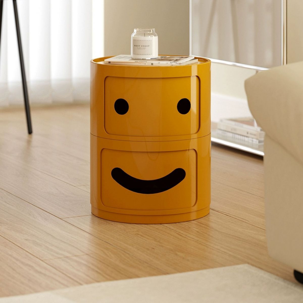 Scandinavian Smile Face Plastic Round Nightstand 2-Drawer — White