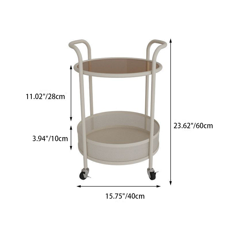 Contemporary Glass Iron Round End Table Casters 2-Tier