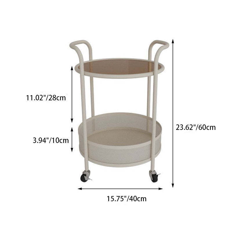 Contemporary Glass Iron Round End Table Casters 2-Tier