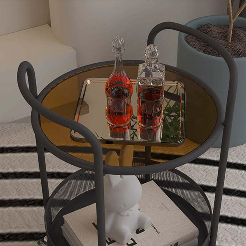 Contemporary Glass Iron Round End Table Casters 2-Tier