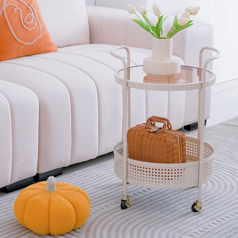 Contemporary Glass Iron Round End Table Casters 2-Tier — White