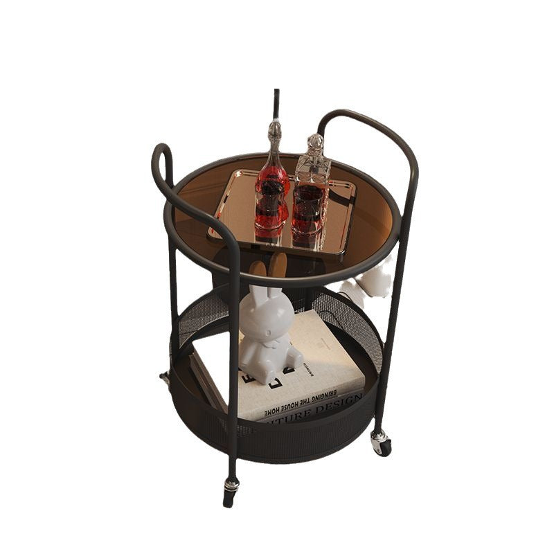 Contemporary Glass Iron Round End Table Casters 2-Tier