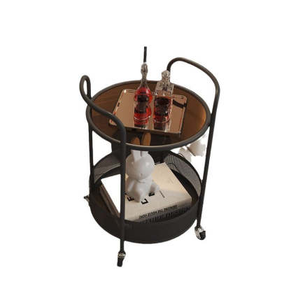 Contemporary Glass Iron Round End Table Casters 2-Tier