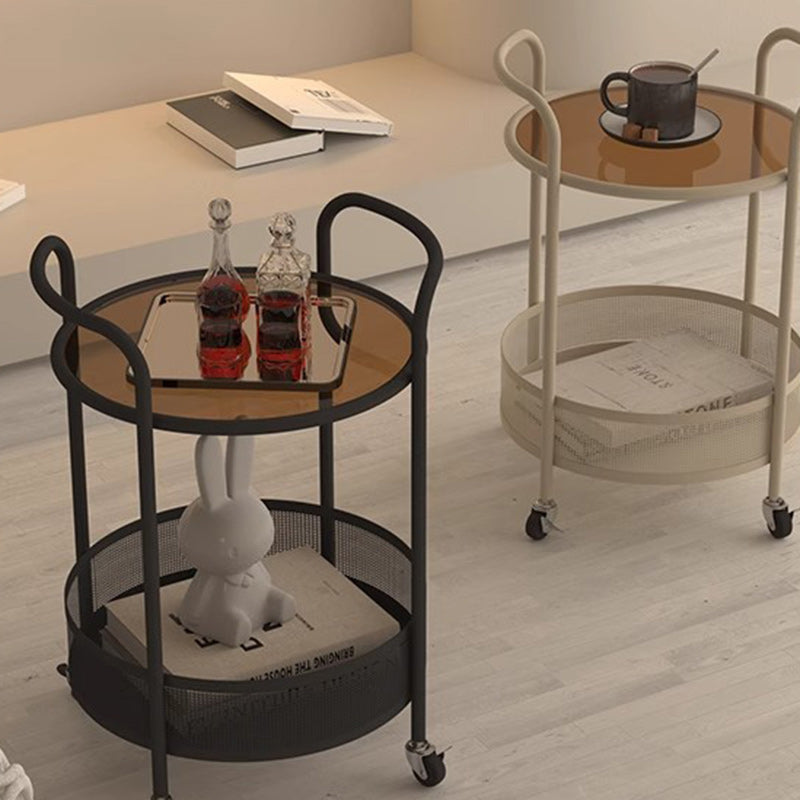 Contemporary Glass Iron Round End Table Casters 2-Tier — Black