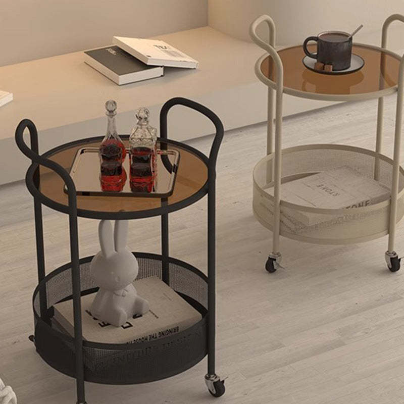 Contemporary Glass Iron Round End Table Casters 2-Tier — Black