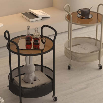 Contemporary Glass Iron Round End Table Casters 2-Tier — Black