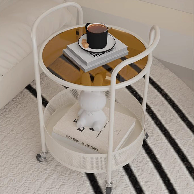 Contemporary Glass Iron Round End Table Casters 2-Tier