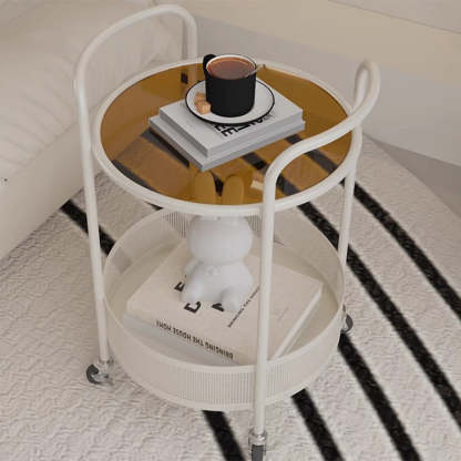 Contemporary Glass Iron Round End Table Casters 2-Tier