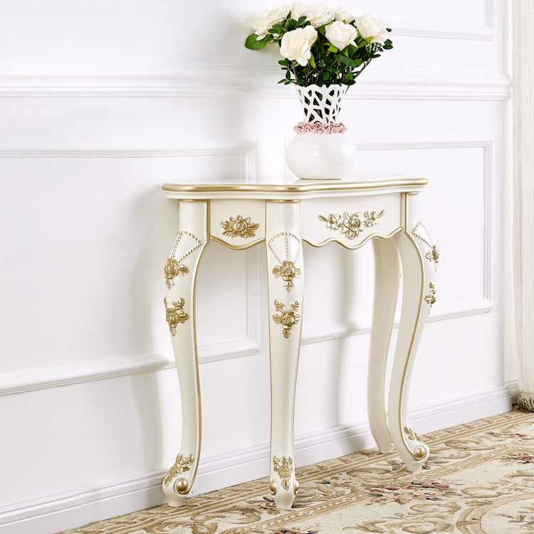 European Carved Wood Console Table — Ivory White + Champagne Gold