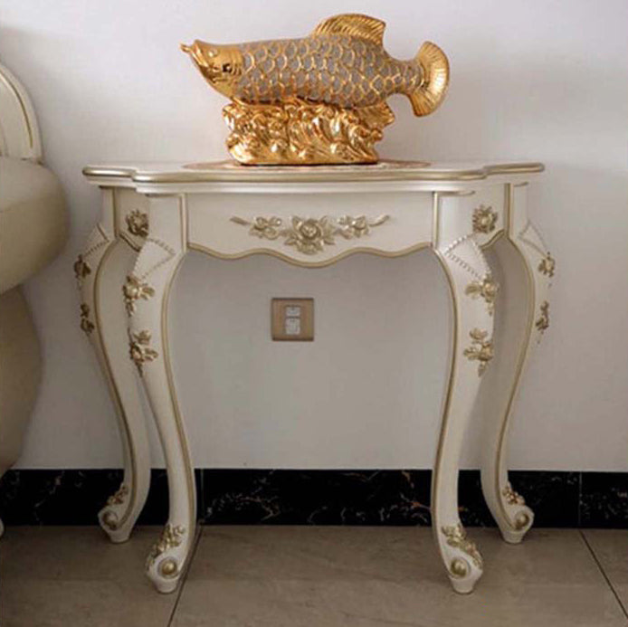 European Carved Wood Console Table — Ivory White + Champagne Gold