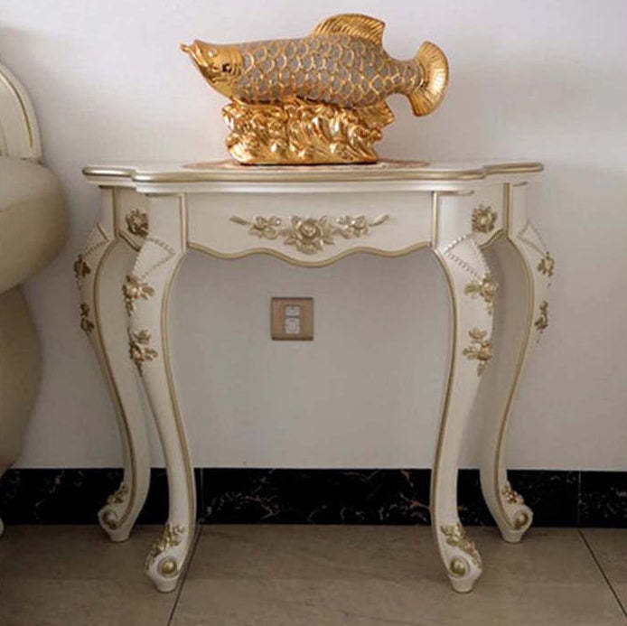 European Carved Wood Console Table — Ivory White + Champagne Gold