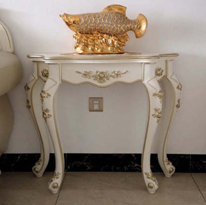 European Carved Wood Console Table — Ivory White + Champagne Gold