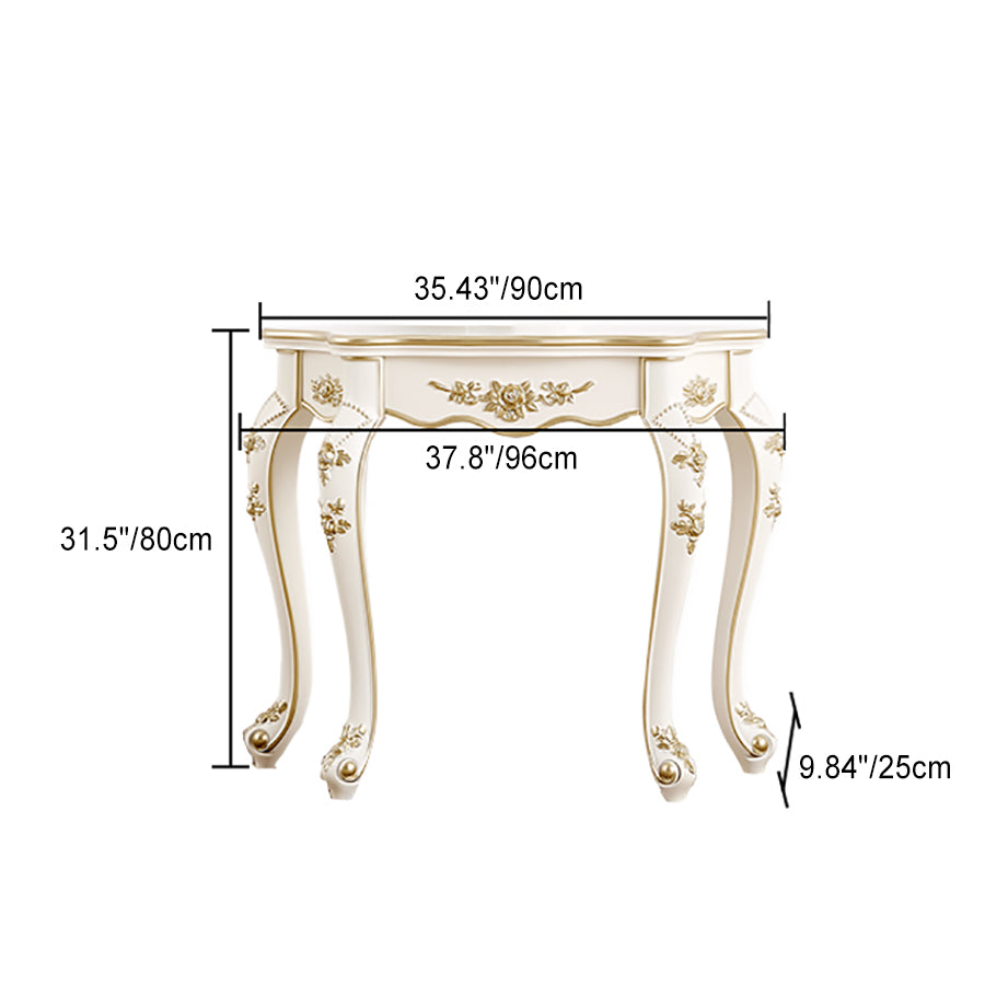 European Carved Wood Console Table — Ivory White + Champagne Gold