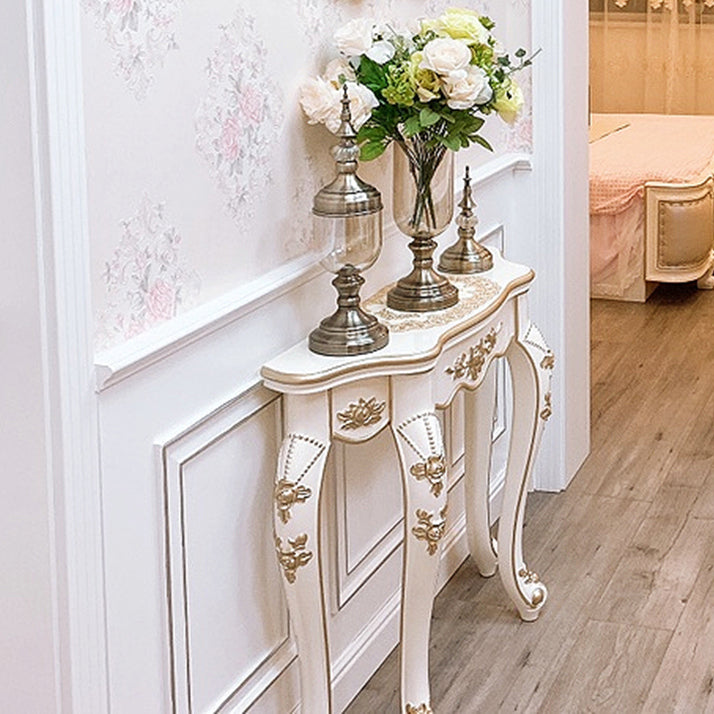 European Carved Wood Console Table — Ivory White + Champagne Gold