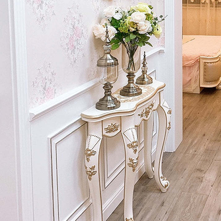 European Carved Wood Console Table — Ivory White + Champagne Gold