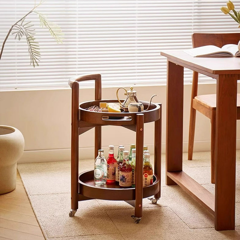 Vintage Solid Wood Tray 2-Tier Rolling Cart — Walnut Color