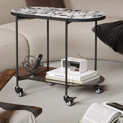 Contemporary Oval Marble Steel Caster Side Table