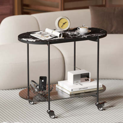 Contemporary Oval Marble Steel Caster Side Table